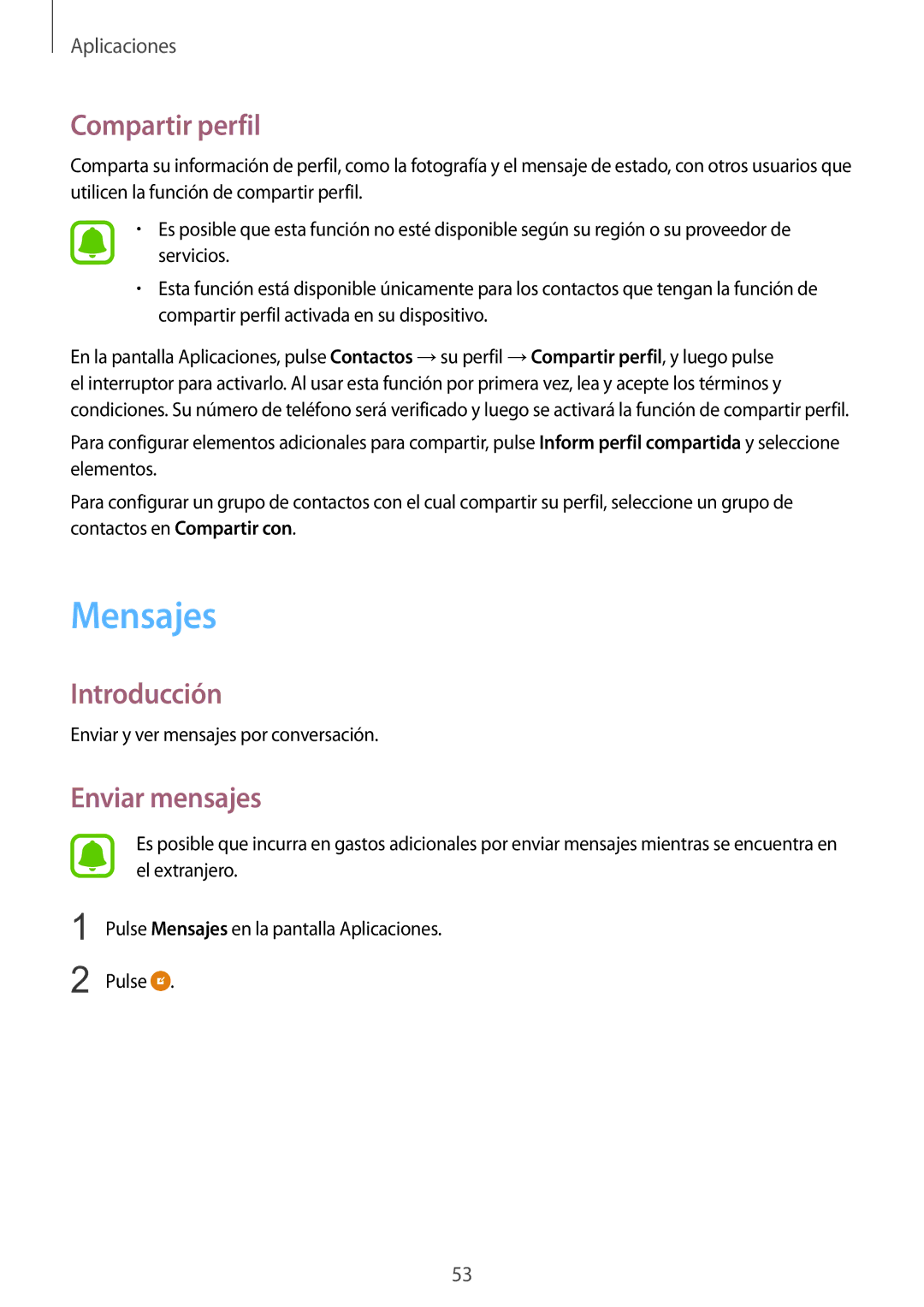 Samsung SM-G920FZKAPHE manual Mensajes, Compartir perfil, Enviar mensajes 