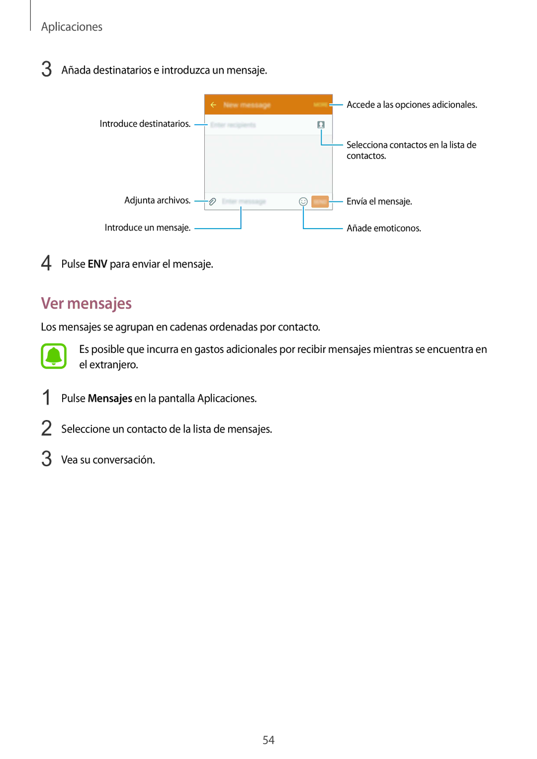 Samsung SM-G920FZKAPHE manual Ver mensajes, Añada destinatarios e introduzca un mensaje 