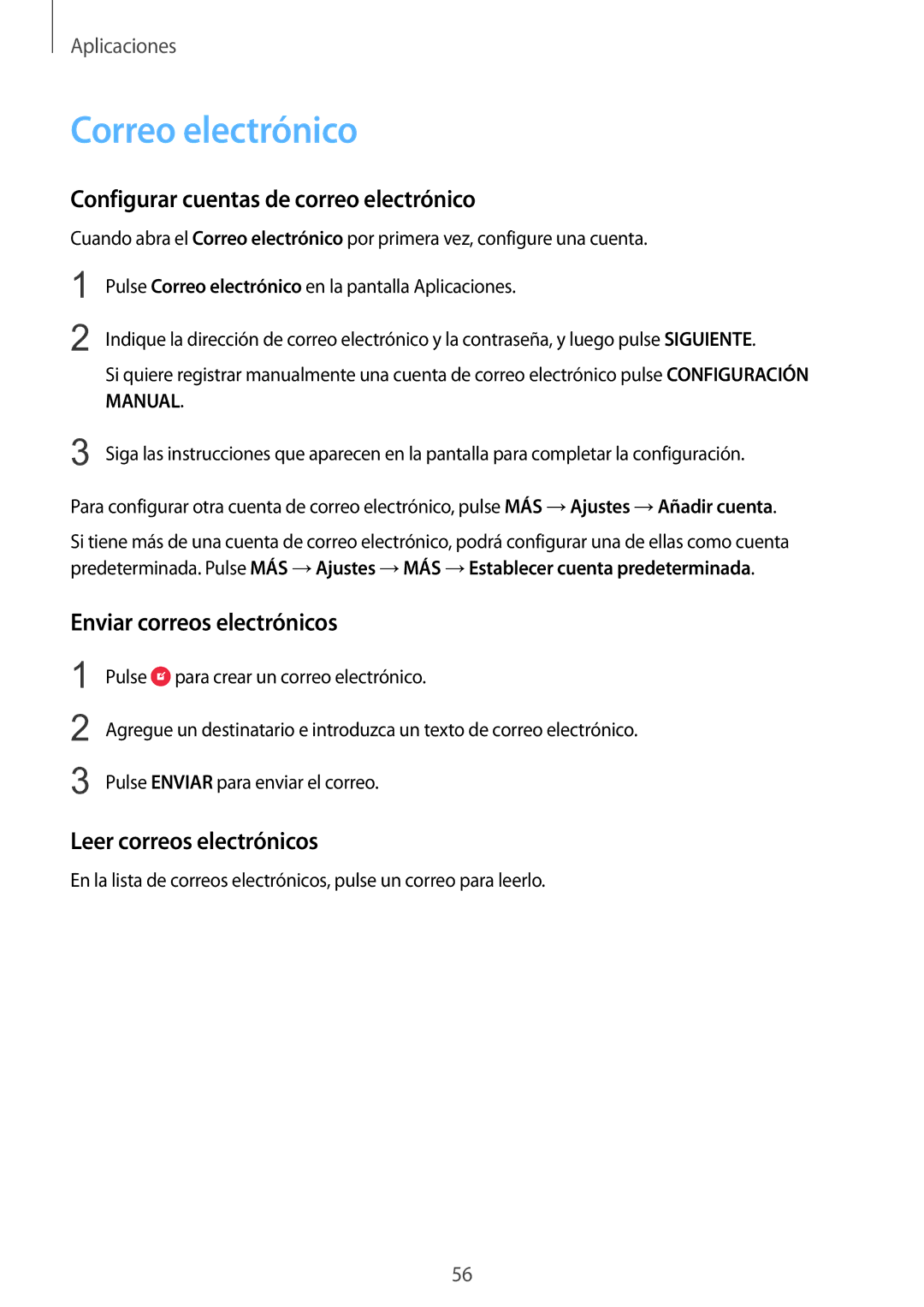 Samsung SM-G920FZKAPHE manual Correo electrónico, Configurar cuentas de correo electrónico, Enviar correos electrónicos 