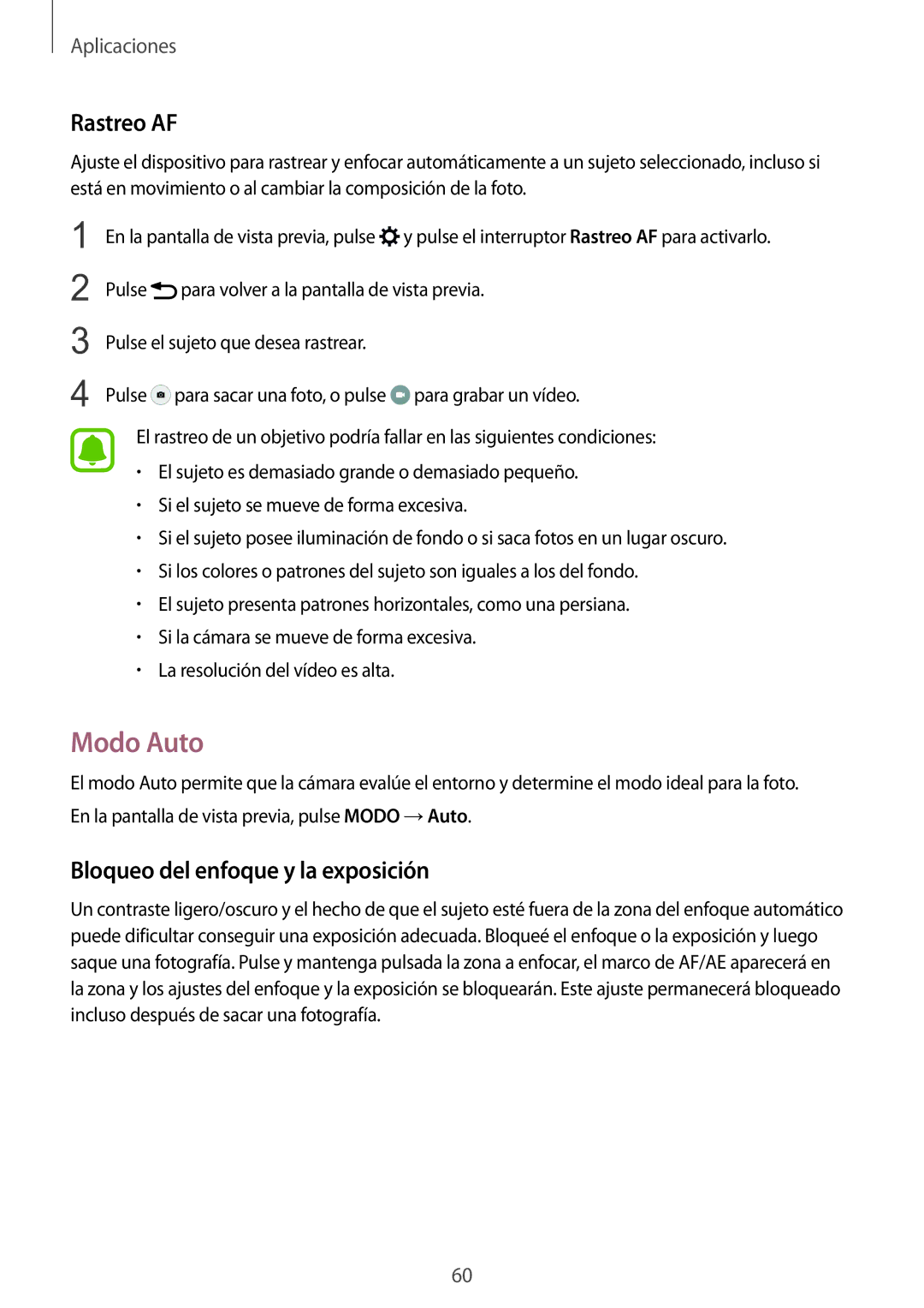 Samsung SM-G920FZKAPHE manual Modo Auto, Rastreo AF, Bloqueo del enfoque y la exposición 