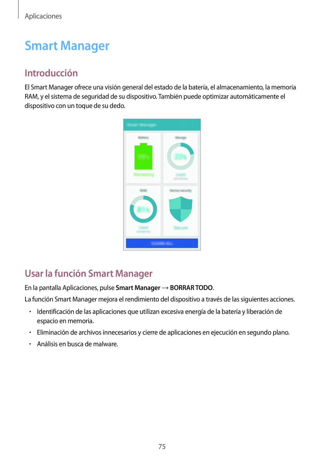 Samsung SM-G920FZKAPHE manual Usar la función Smart Manager 