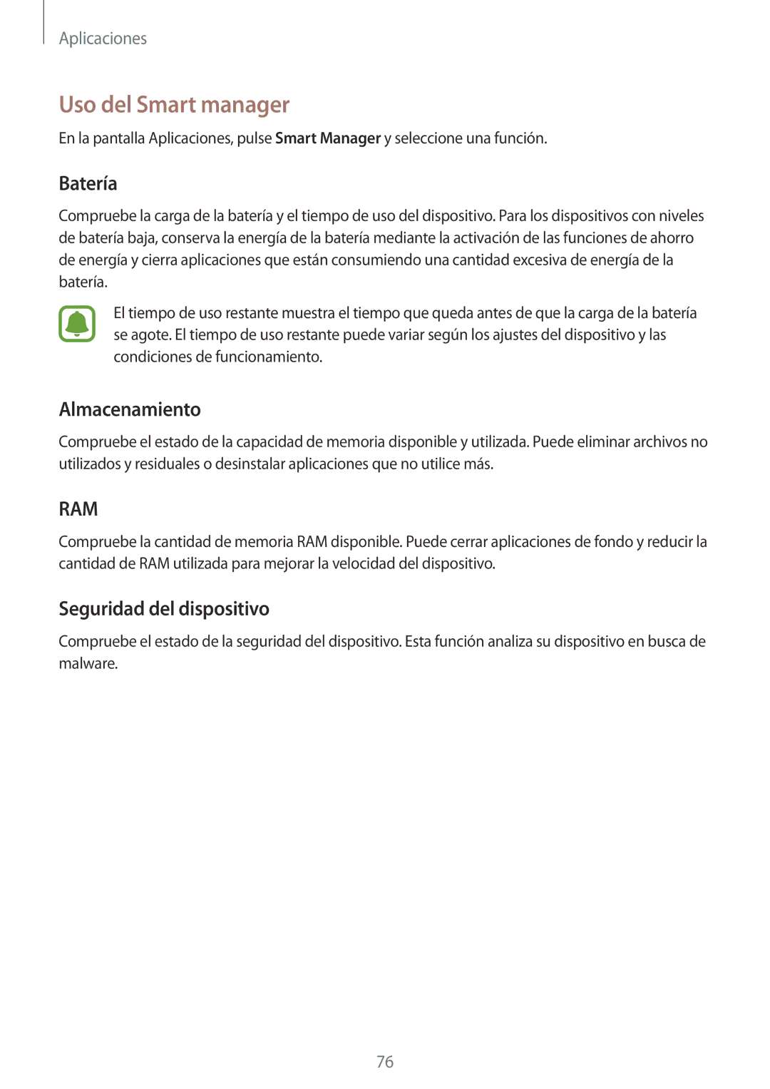 Samsung SM-G920FZKAPHE manual Uso del Smart manager, Batería, Almacenamiento, Seguridad del dispositivo 