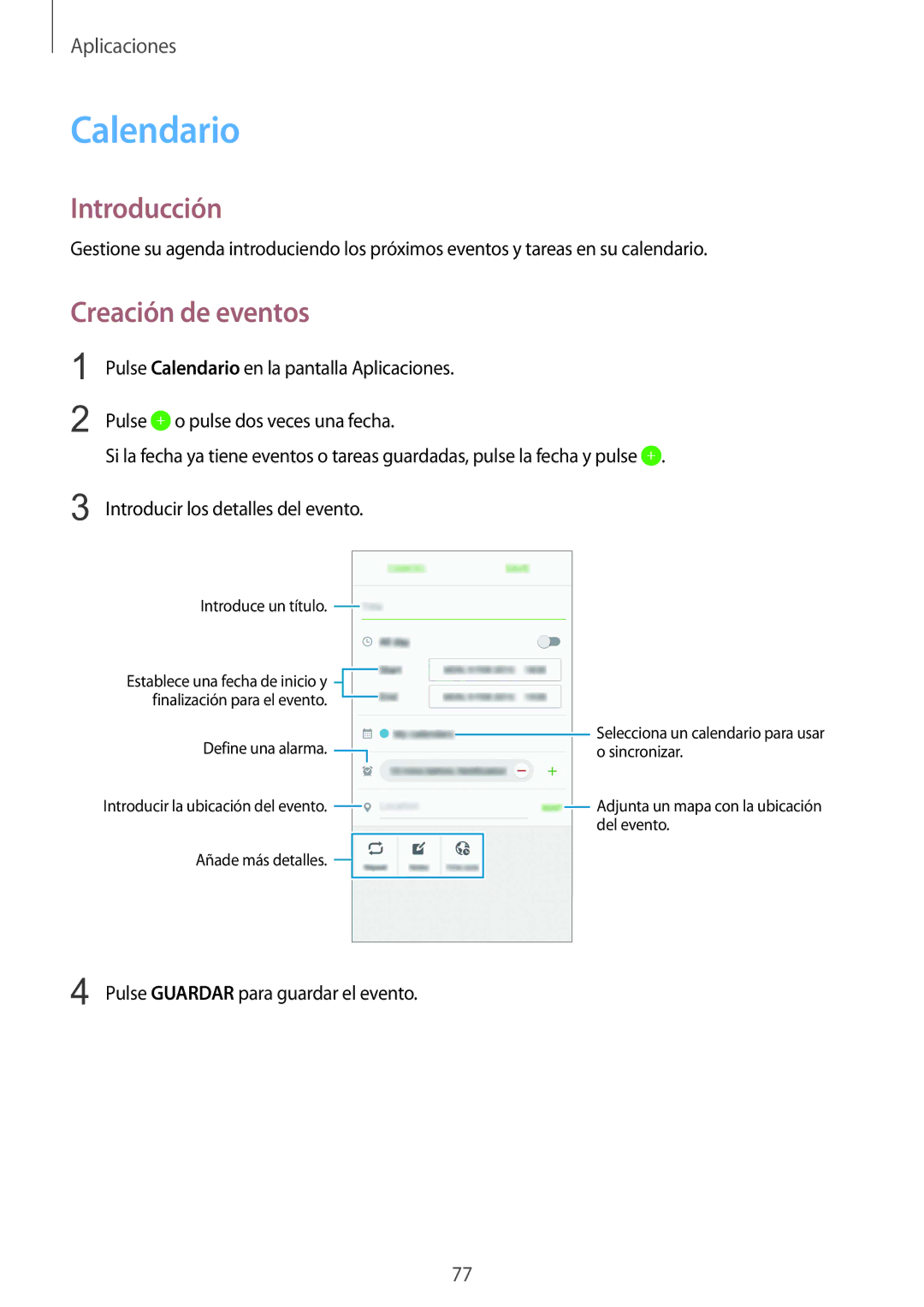 Samsung SM-G920FZKAPHE manual Calendario, Creación de eventos 