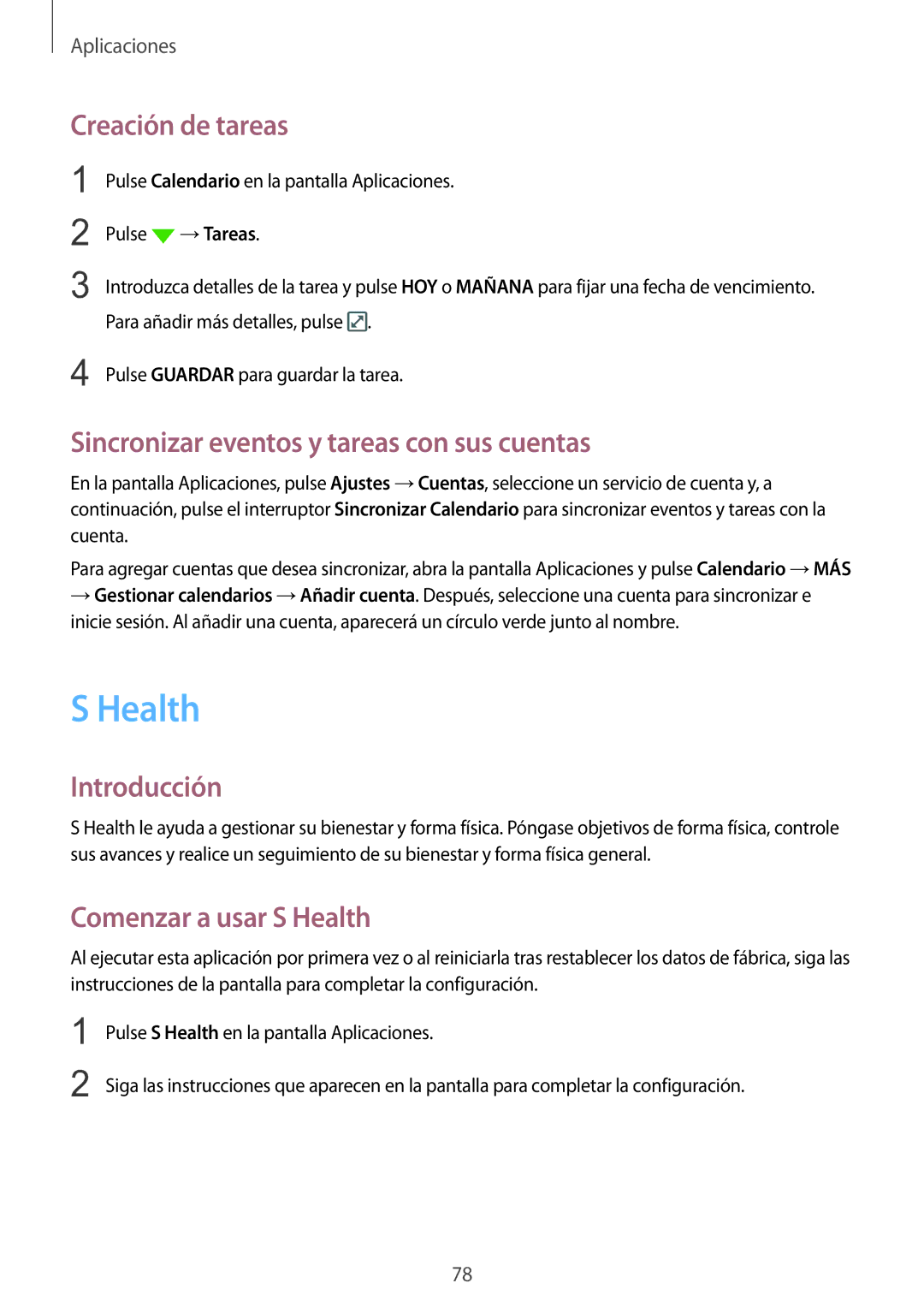 Samsung SM-G920FZKAPHE Creación de tareas, Sincronizar eventos y tareas con sus cuentas, Comenzar a usar S Health 