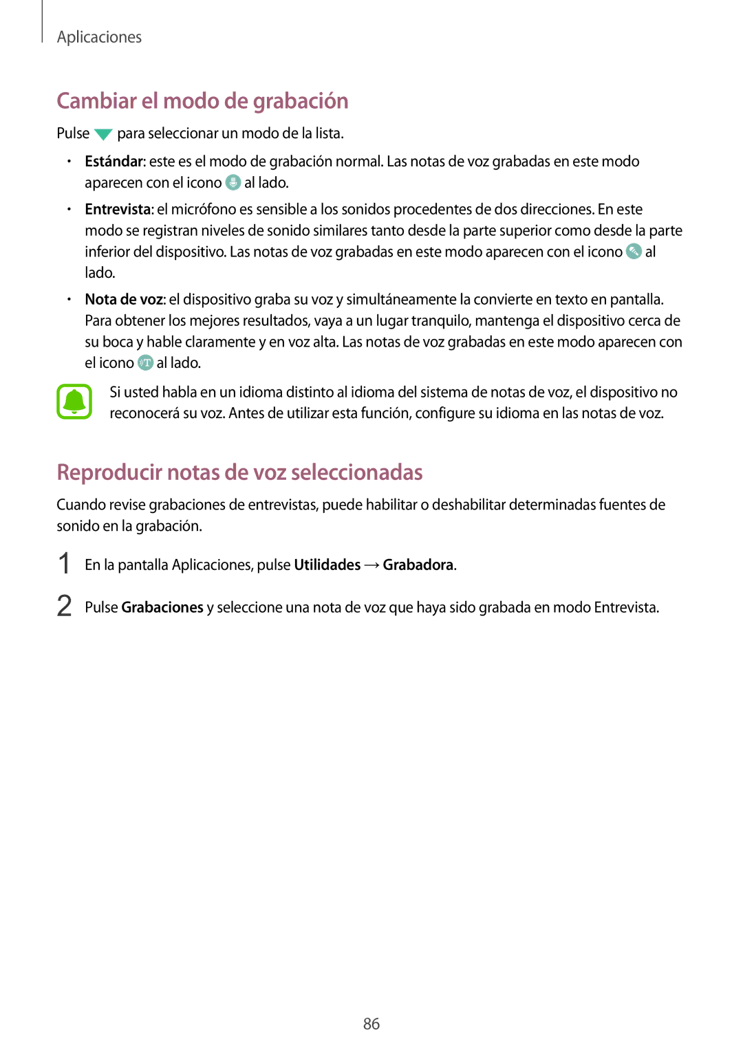 Samsung SM-G920FZKAPHE manual Cambiar el modo de grabación, Reproducir notas de voz seleccionadas 