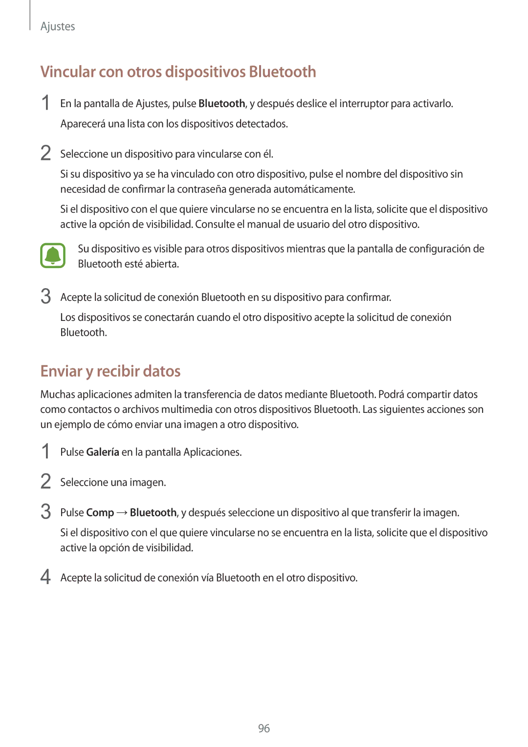 Samsung SM-G920FZKAPHE manual Vincular con otros dispositivos Bluetooth, Enviar y recibir datos 