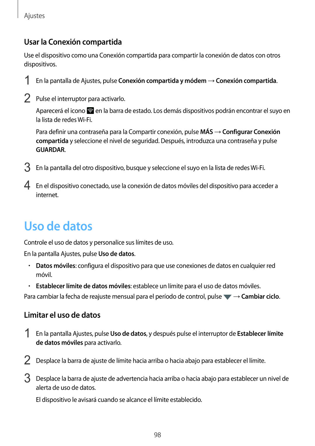 Samsung SM-G920FZKAPHE manual Uso de datos, Usar la Conexión compartida, Limitar el uso de datos 