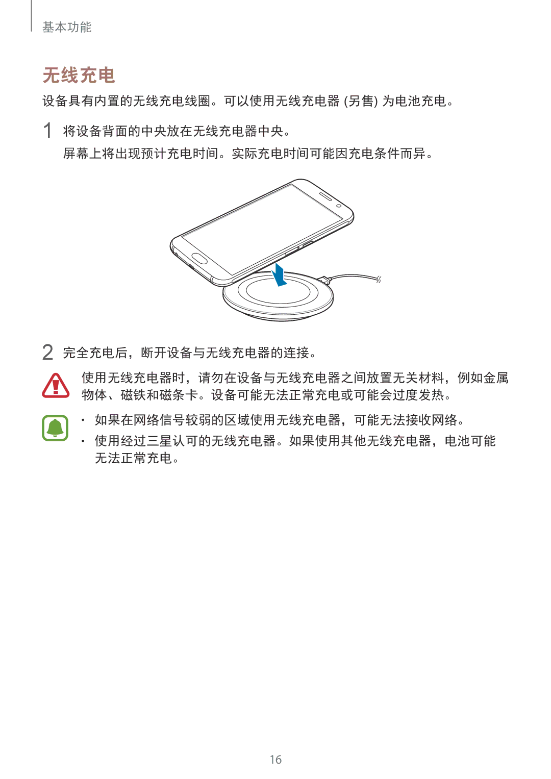 Samsung SM-G920FZBAXXV, SM-G920FZKAXXV, SM-G920FZWAXXV, SM-G920FZDAXXV, SM-G920FZDEXXV manual 如果在网络信号较弱的区域使用无线充电器，可能无法接收网络。 