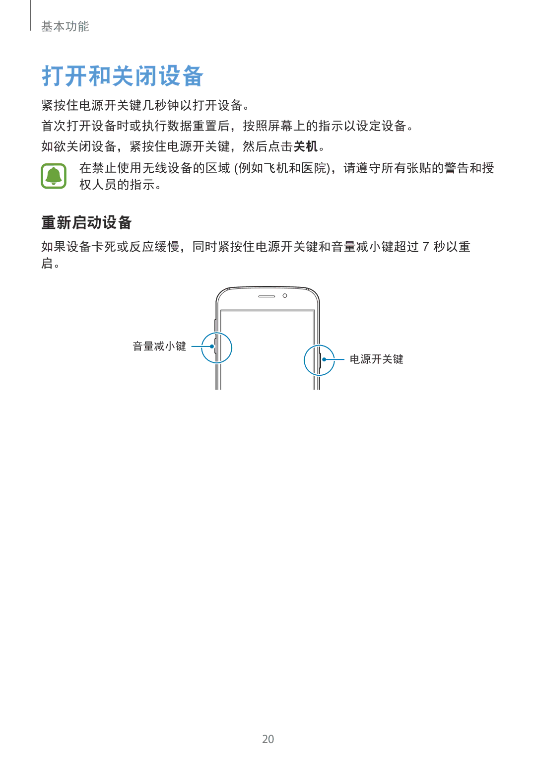 Samsung SM-G920XZWAXXV, SM-G920FZKAXXV manual 打开和关闭设备, 重新启动设备, 紧按住电源开关键几秒钟以打开设备。, 在禁止使用无线设备的区域 例如飞机和医院，请遵守所有张贴的警告和授 权人员的指示。 