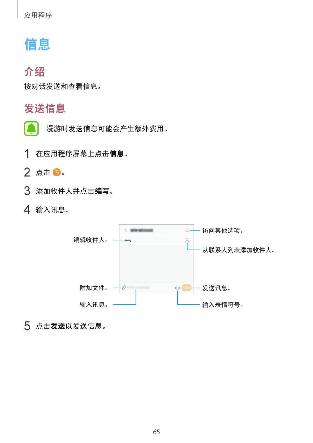 Samsung SM-G920FZBAXXV, SM-G920FZKAXXV 按对话发送和查看信息。, 漫游时发送信息可能会产生额外费用。 在应用程序屏幕上点击信息。 点击 。 添加收件人并点击编写。 输入讯息。, 点击发送以发送信息。 