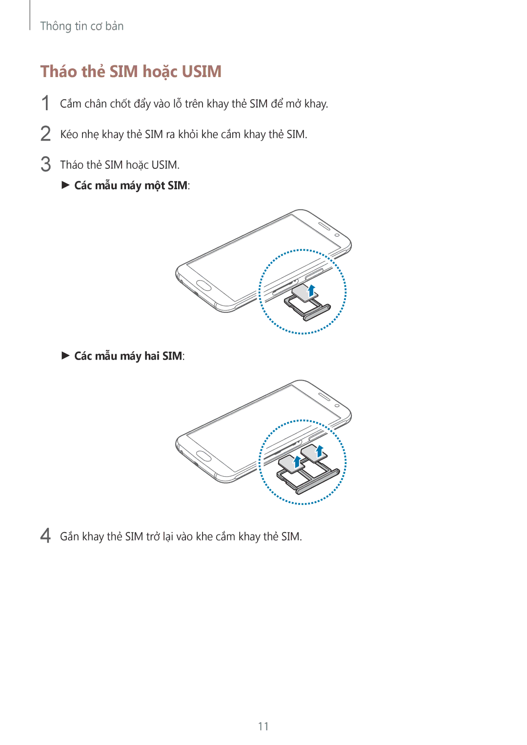 Samsung SM-G920FZDEXXV, SM-G920FZKAXXV, SM-G920FZWAXXV manual Tháo thẻ SIM hoặc Usim, Các mẫu máy một SIM Các mẫu máy hai SIM 