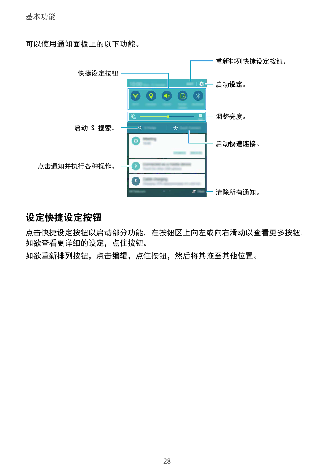 Samsung SM-G920FZKAXXV, SM-G920FZWAXXV, SM-G920FZBAXXV manual 设定快捷设定按钮, 可以使用通知面板上的以下功能。, 如欲重新排列按钮，点击编辑，点住按钮，然后将其拖至其他位置。 