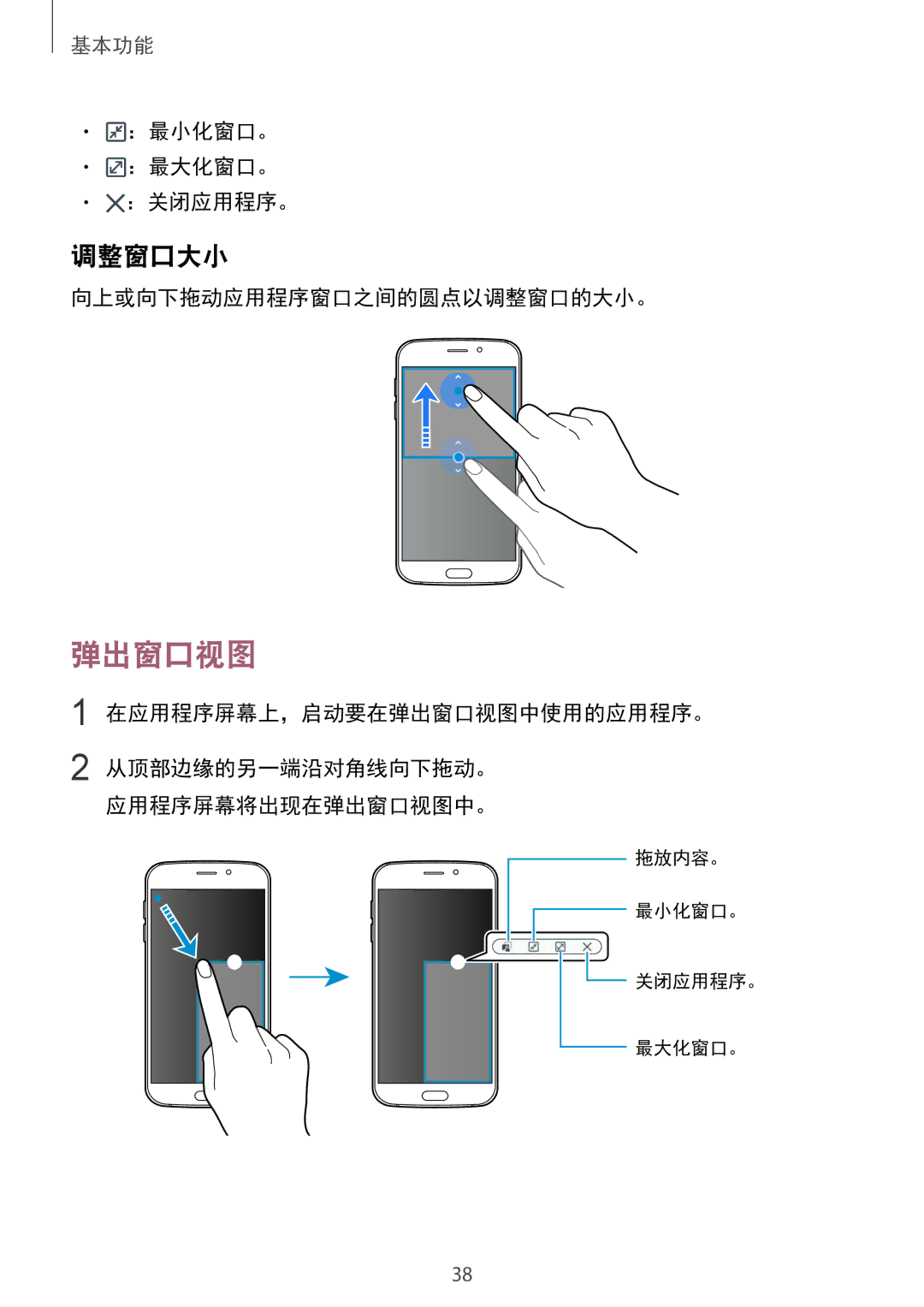 Samsung SM-G920FZDAXXV 调整窗口大小, ：最小化窗口。 ：最大化窗口。 ：关闭应用程序。, 向上或向下拖动应用程序窗口之间的圆点以调整窗口的大小。, 在应用程序屏幕上，启动要在弹出窗口视图中使用的应用程序。 