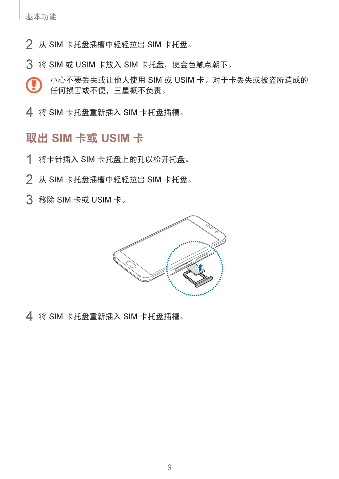 Samsung SM-G920FZBAXXV, SM-G920FZKAXXV, SM-G920FZWAXXV 取出 SIM 卡或 Usim 卡, 将卡针插入 Sim 卡托盘上的孔以松开托盘。 Sim 卡托盘插槽中轻轻拉出 Sim 卡托盘。 