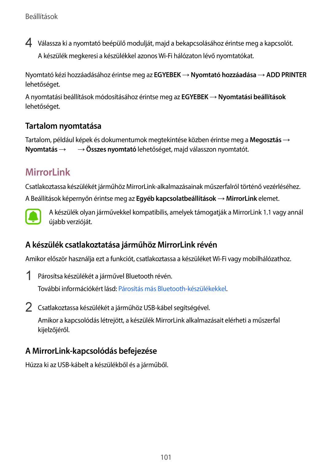 Samsung SM-G920FZKEXEH manual Tartalom nyomtatása, Készülék csatlakoztatása járműhöz MirrorLink révén 