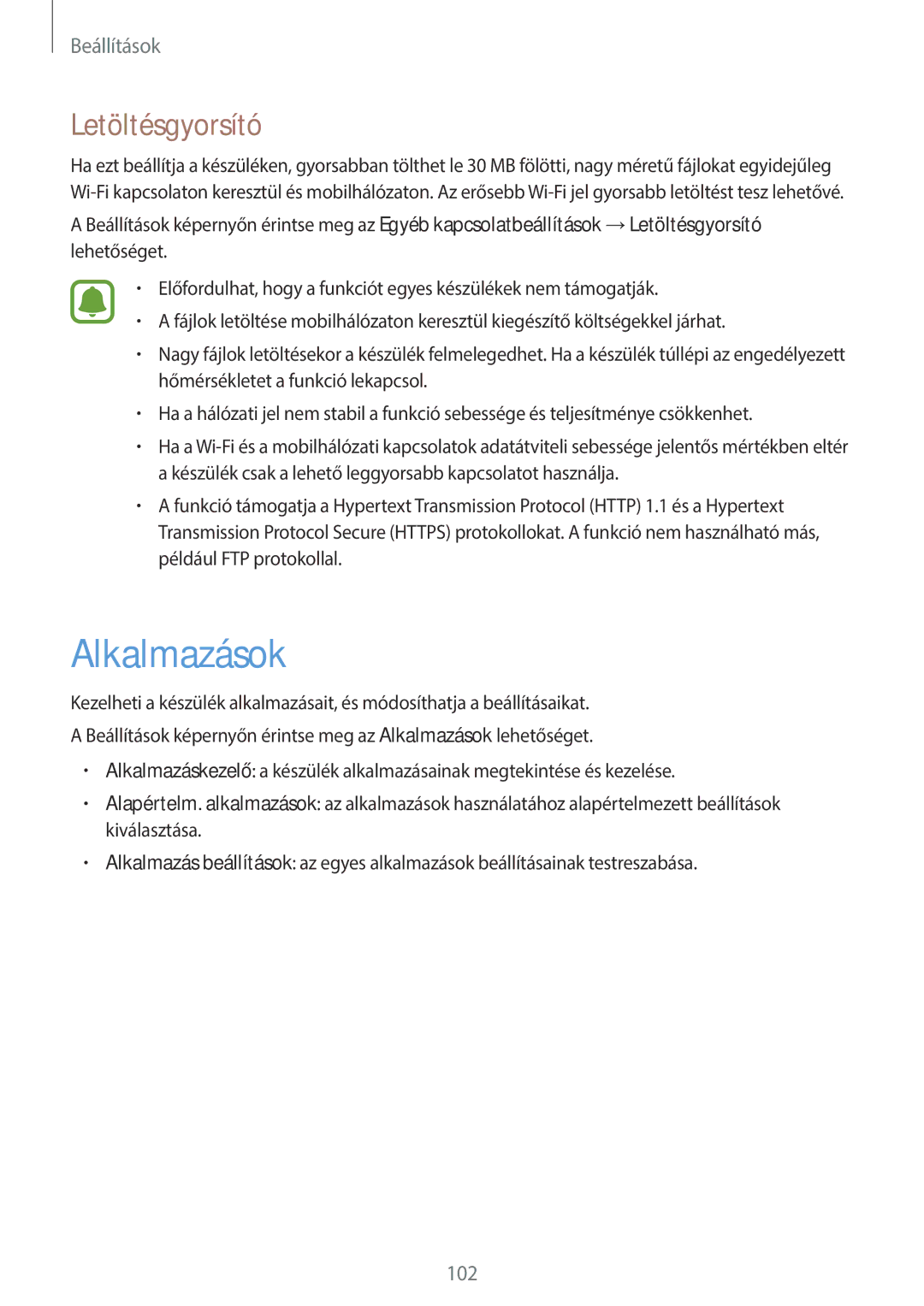 Samsung SM-G920FZKEXEH manual Alkalmazások, Letöltésgyorsító 