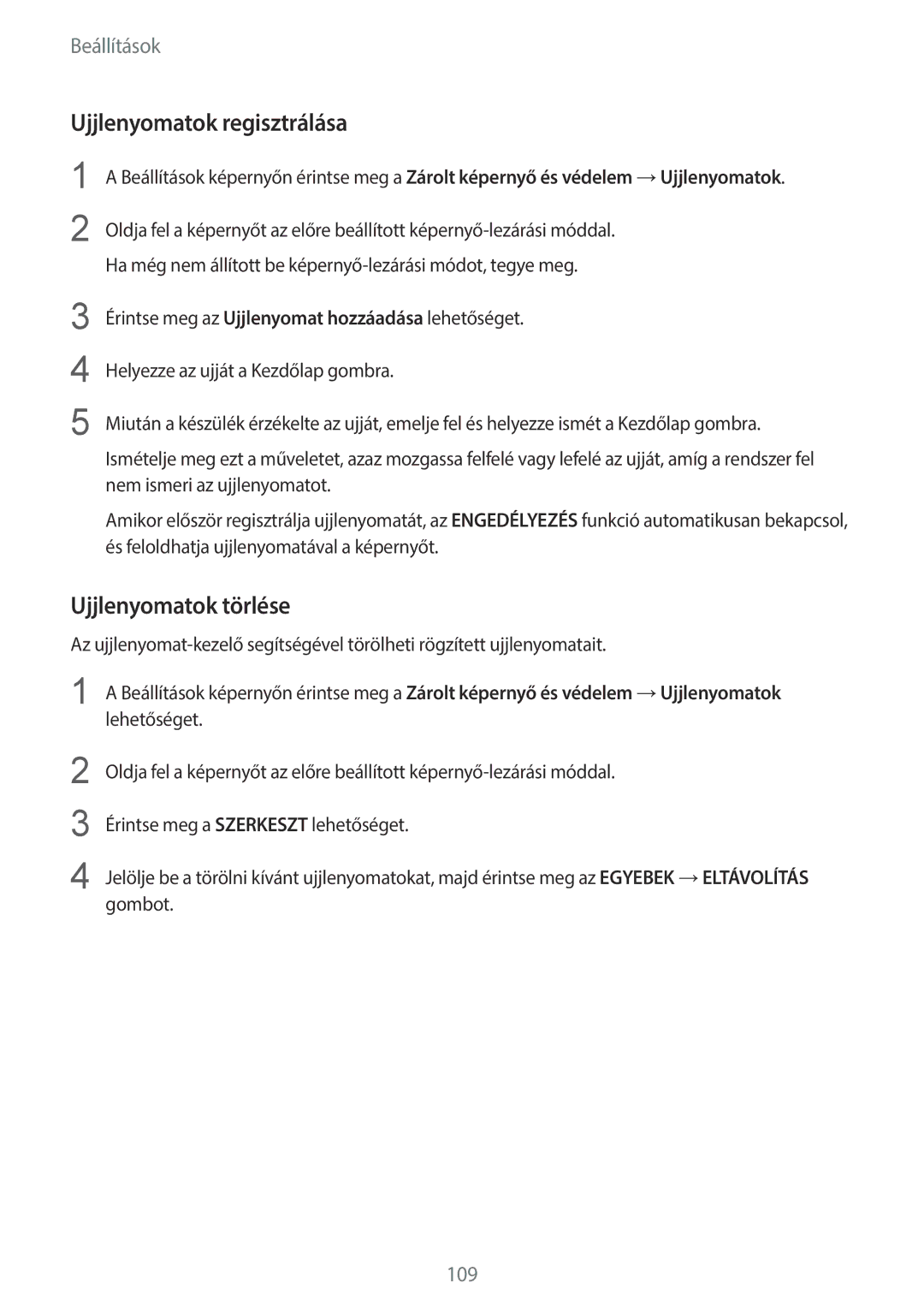 Samsung SM-G920FZKEXEH manual Ujjlenyomatok regisztrálása, Ujjlenyomatok törlése 