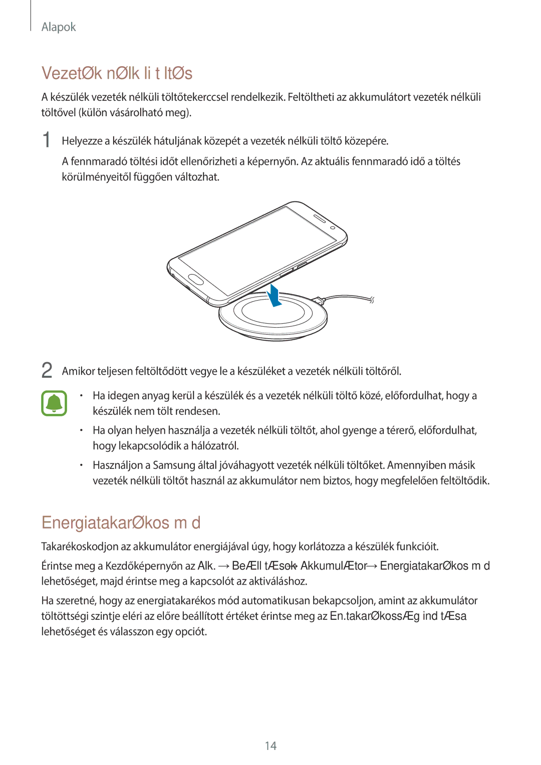 Samsung SM-G920FZKEXEH manual Vezeték nélküli töltés, Energiatakarékos mód 