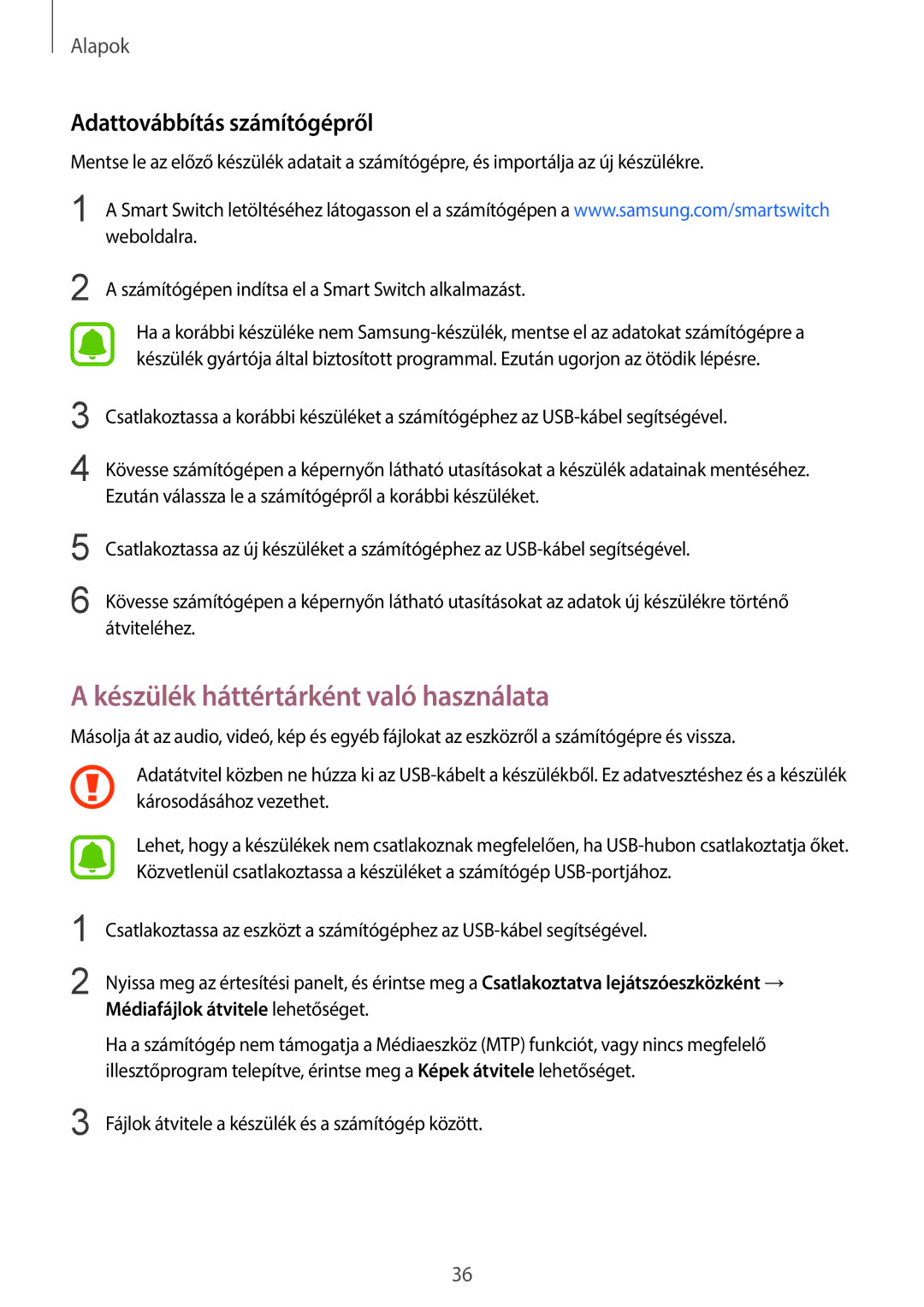 Samsung SM-G920FZKEXEH manual Készülék háttértárként való használata, Adattovábbítás számítógépről 