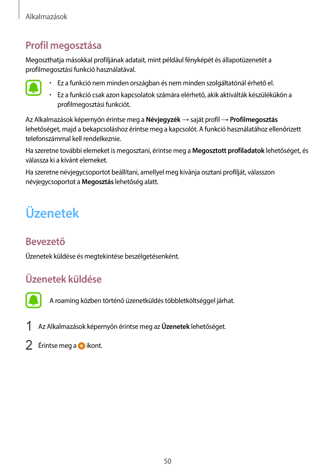 Samsung SM-G920FZKEXEH manual Profil megosztása, Üzenetek küldése 