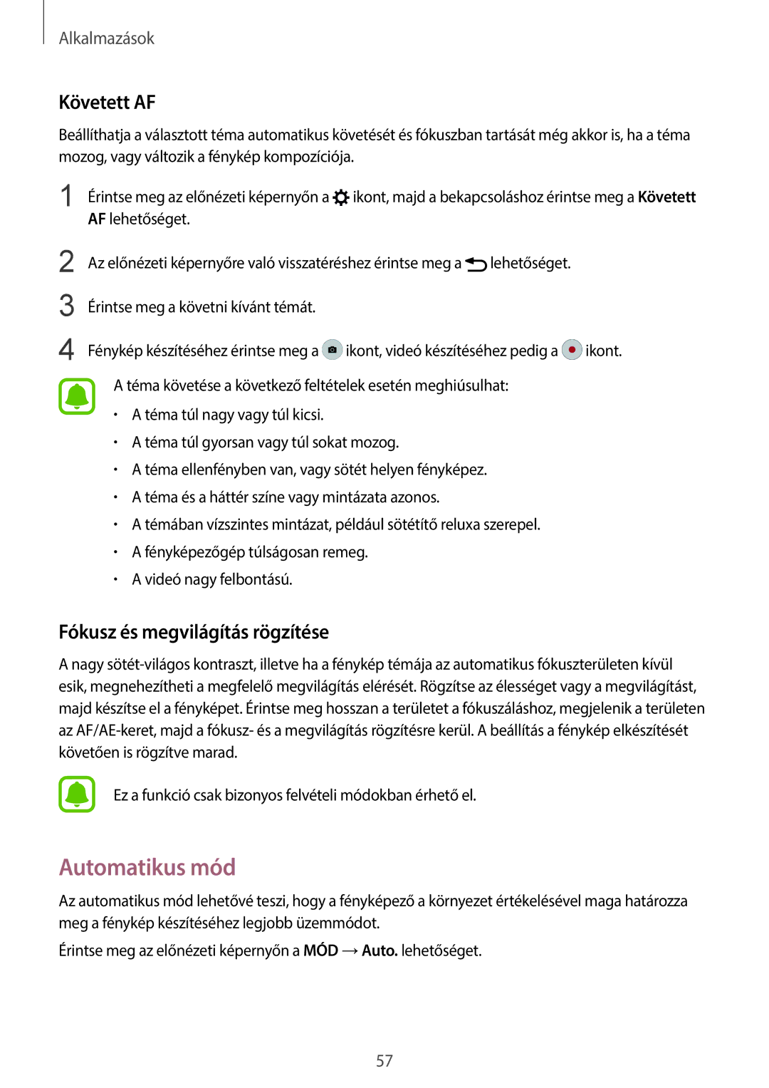 Samsung SM-G920FZKEXEH manual Automatikus mód, Követett AF, Fókusz és megvilágítás rögzítése 