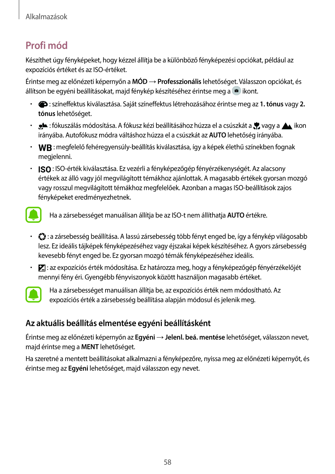 Samsung SM-G920FZKEXEH manual Profi mód, Az aktuális beállítás elmentése egyéni beállításként 