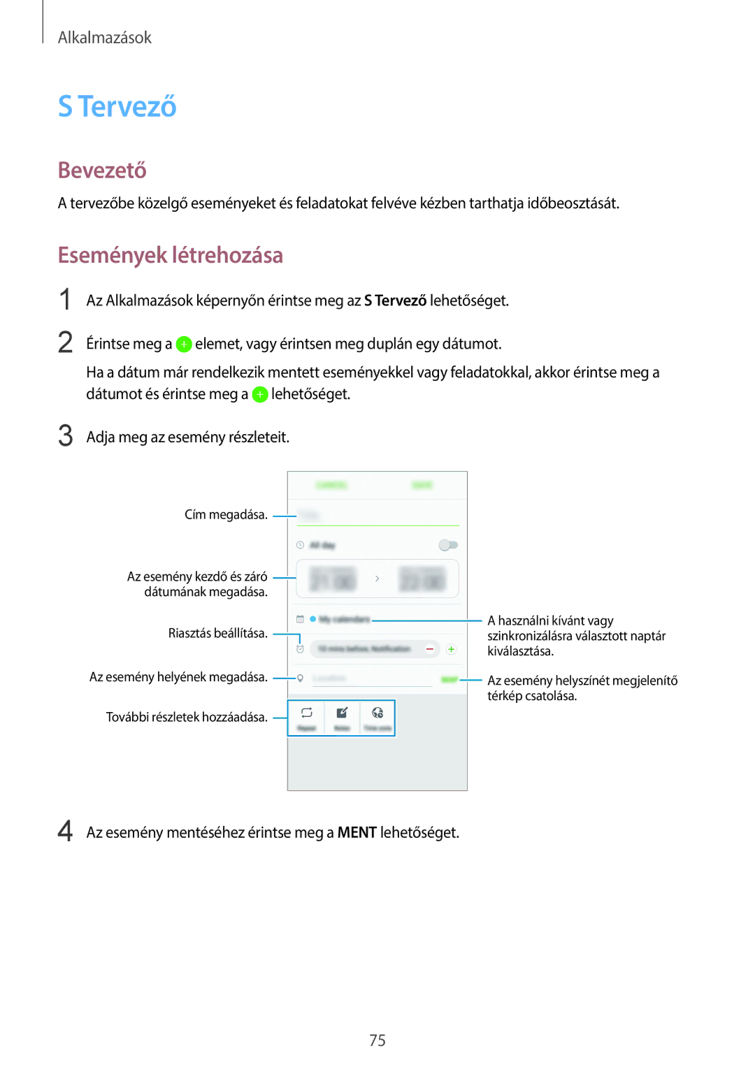 Samsung SM-G920FZKEXEH manual Tervező, Események létrehozása 