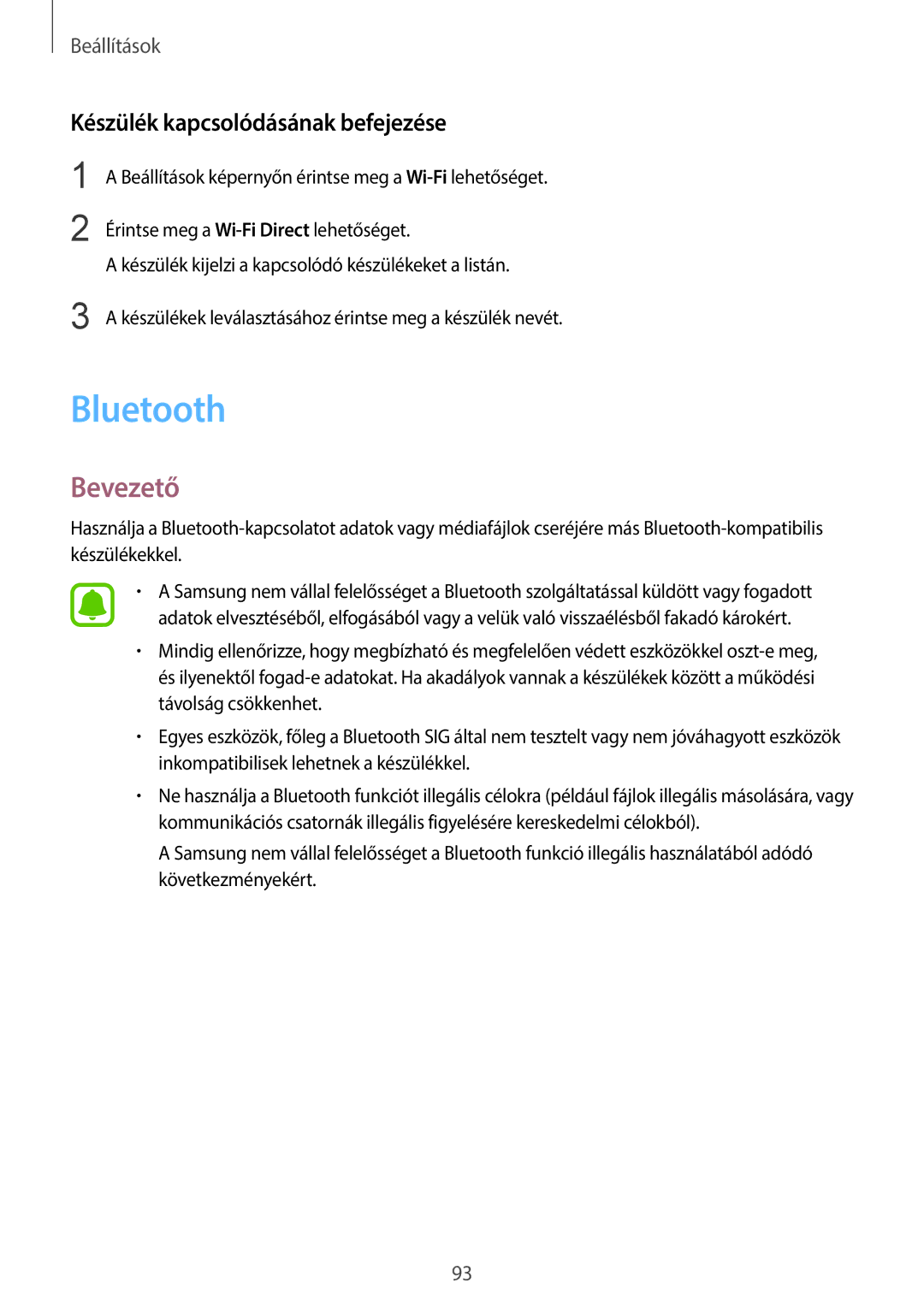 Samsung SM-G920FZKEXEH manual Bluetooth, Készülék kapcsolódásának befejezése 