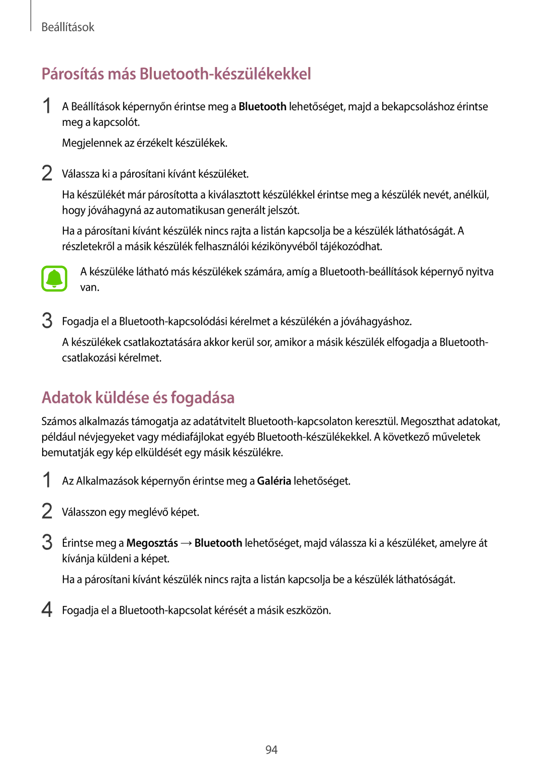 Samsung SM-G920FZKEXEH manual Párosítás más Bluetooth-készülékekkel, Adatok küldése és fogadása 