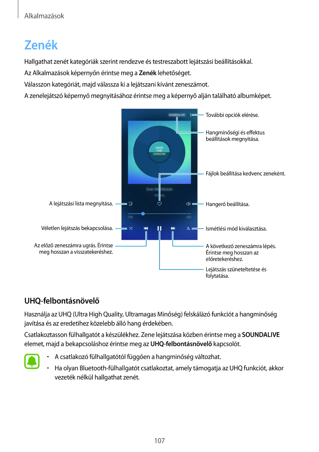 Samsung SM-G920FZKEXEH manual Zenék, UHQ-felbontásnövelő 