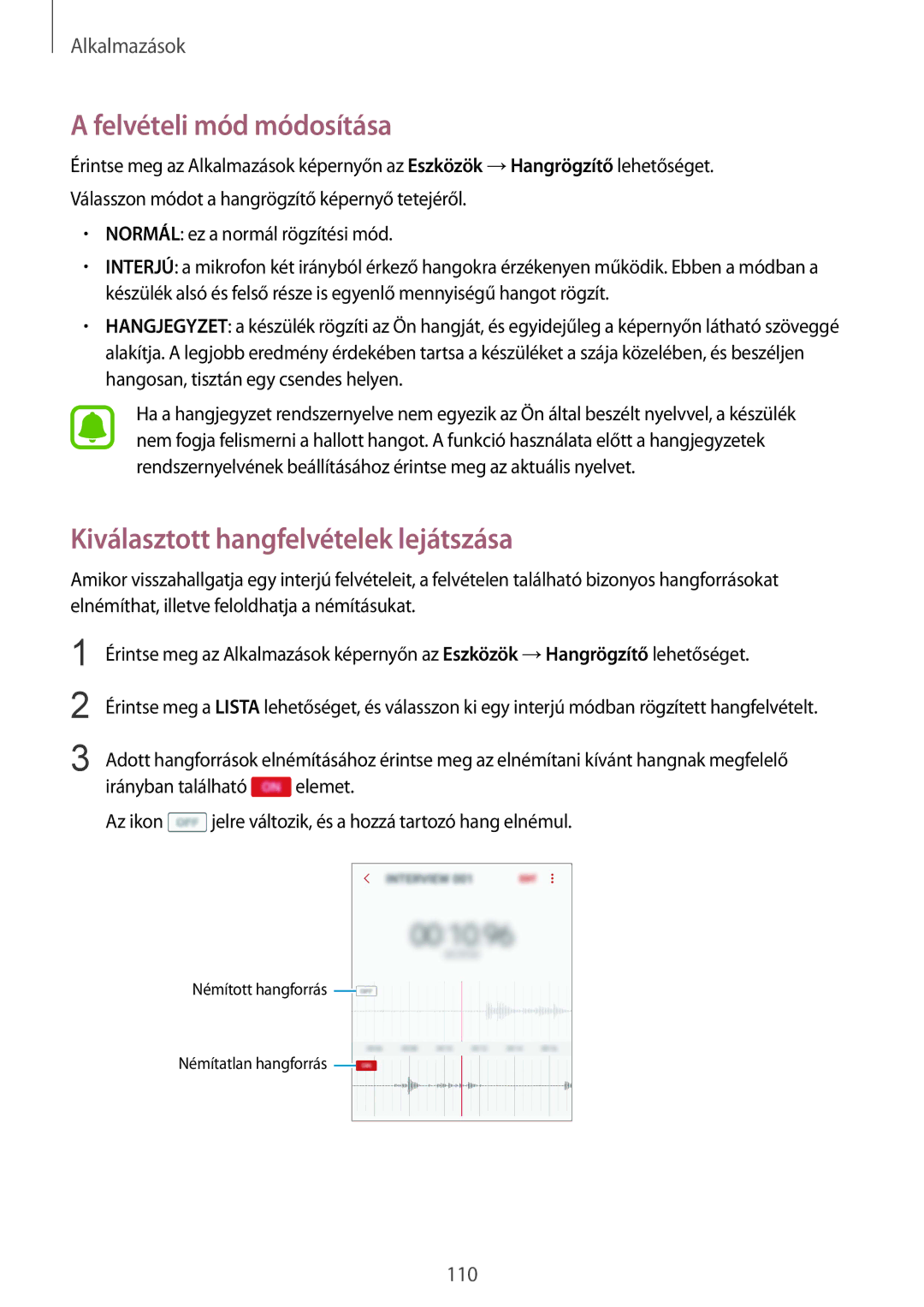 Samsung SM-G920FZKEXEH manual Felvételi mód módosítása, Kiválasztott hangfelvételek lejátszása 