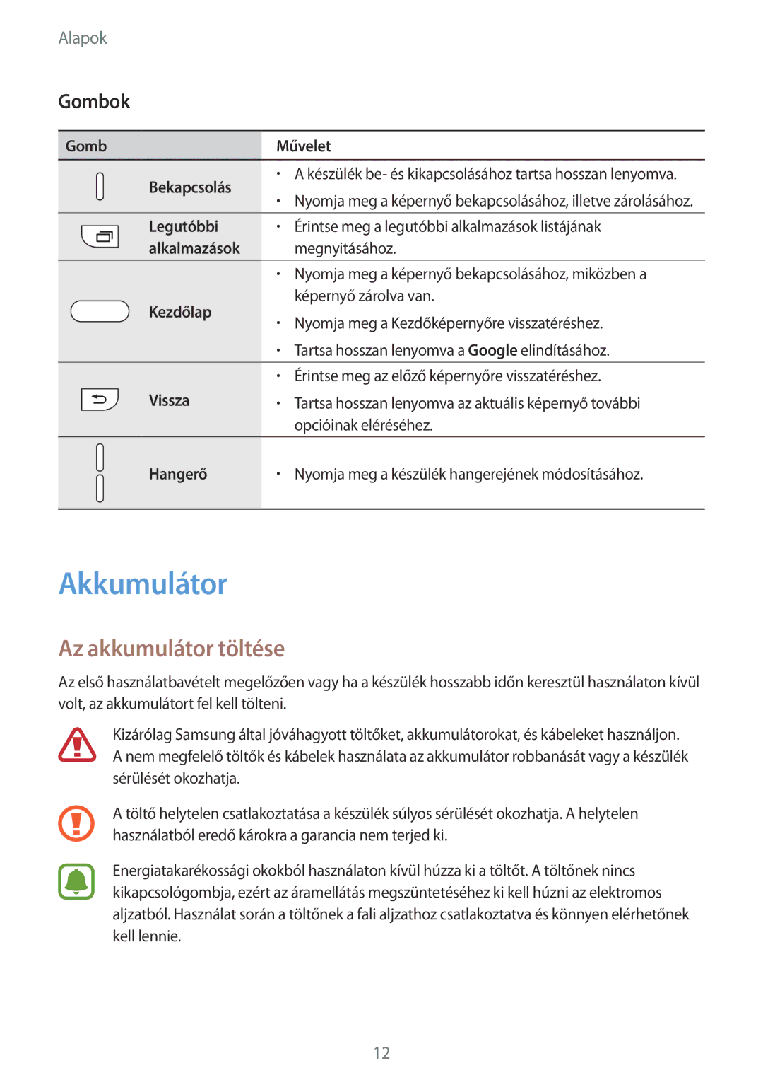 Samsung SM-G920FZKEXEH manual Akkumulátor, Az akkumulátor töltése, Gombok 