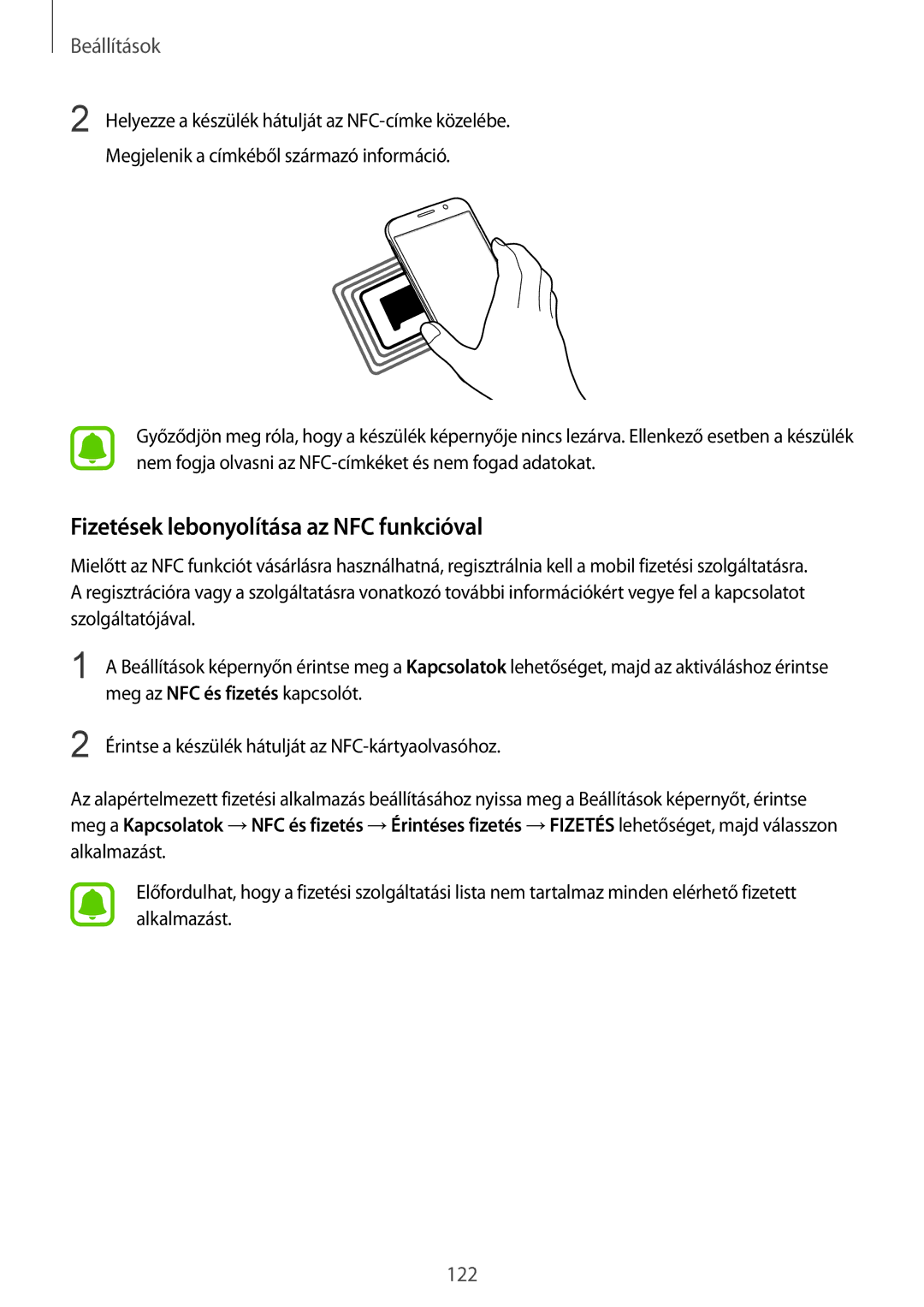 Samsung SM-G920FZKEXEH manual Fizetések lebonyolítása az NFC funkcióval 