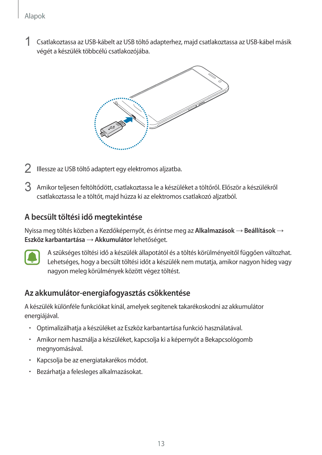 Samsung SM-G920FZKEXEH manual Becsült töltési idő megtekintése, Az akkumulátor-energiafogyasztás csökkentése 