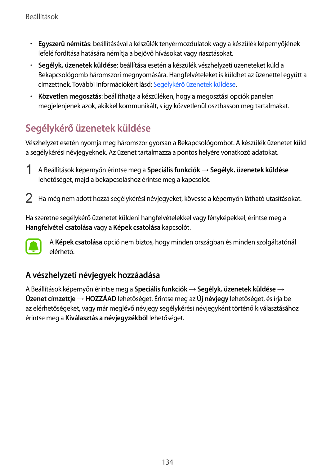 Samsung SM-G920FZKEXEH manual Segélykérő üzenetek küldése, Vészhelyzeti névjegyek hozzáadása 