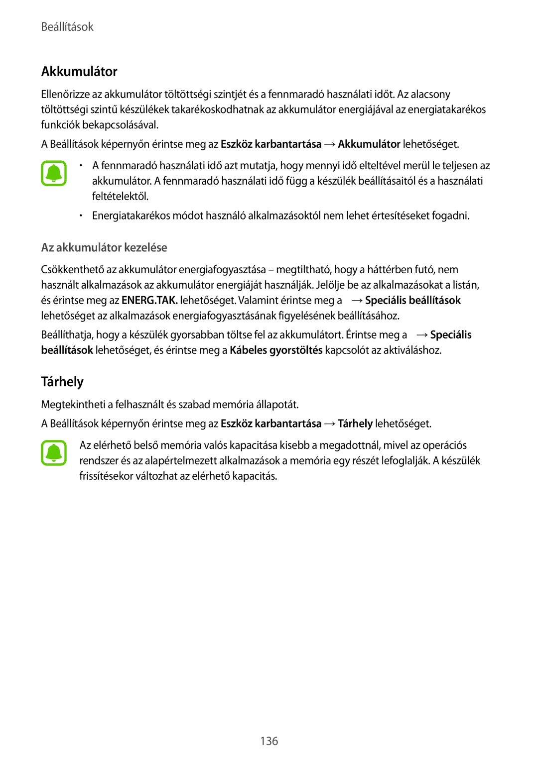 Samsung SM-G920FZKEXEH manual Akkumulátor, Tárhely, Az akkumulátor kezelése 