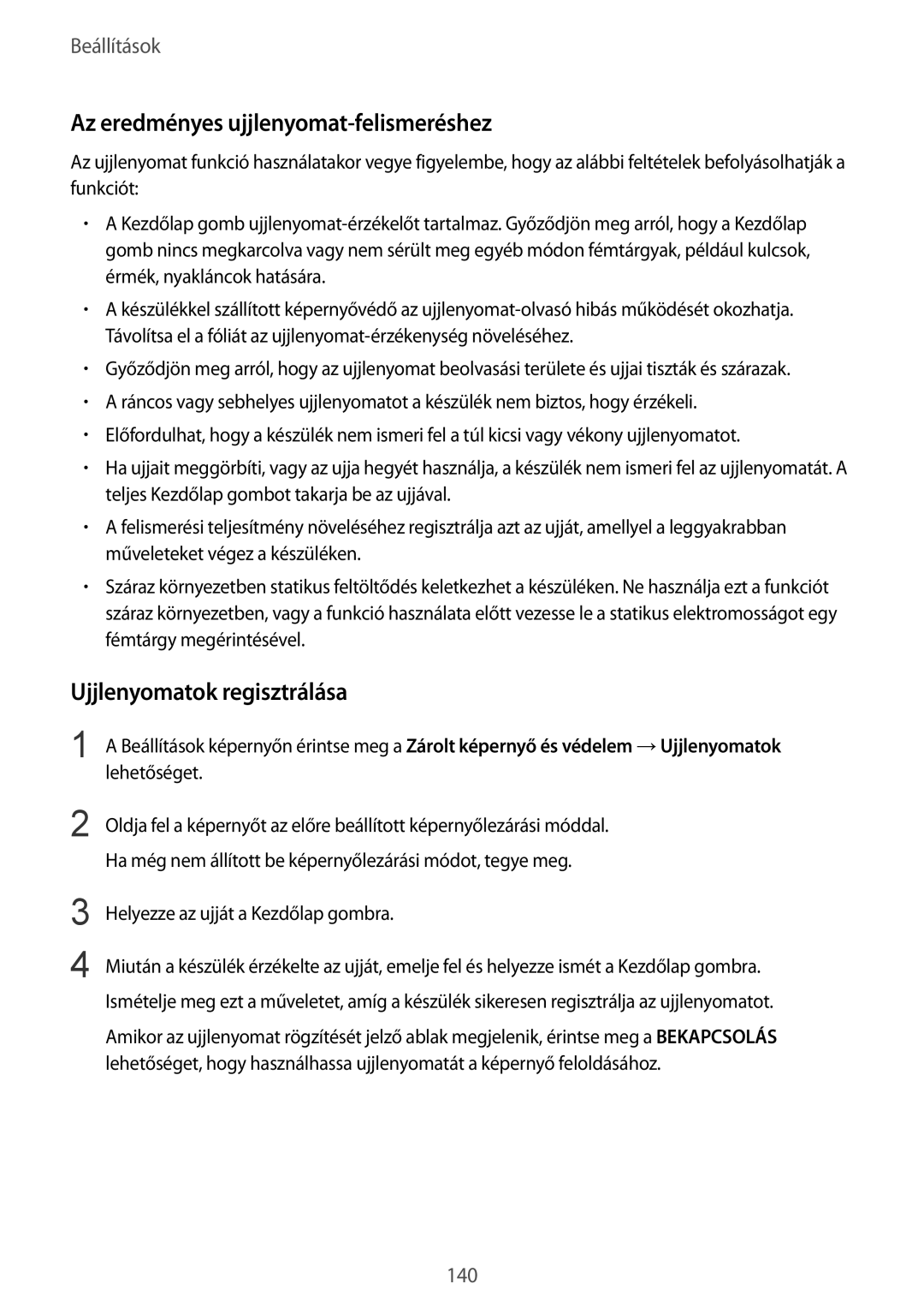 Samsung SM-G920FZKEXEH manual Az eredményes ujjlenyomat-felismeréshez, Ujjlenyomatok regisztrálása 