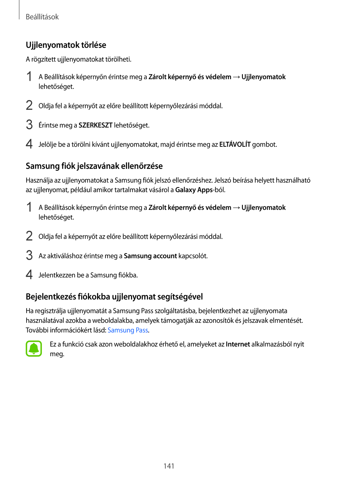 Samsung SM-G920FZKEXEH manual Ujjlenyomatok törlése, Samsung fiók jelszavának ellenőrzése 