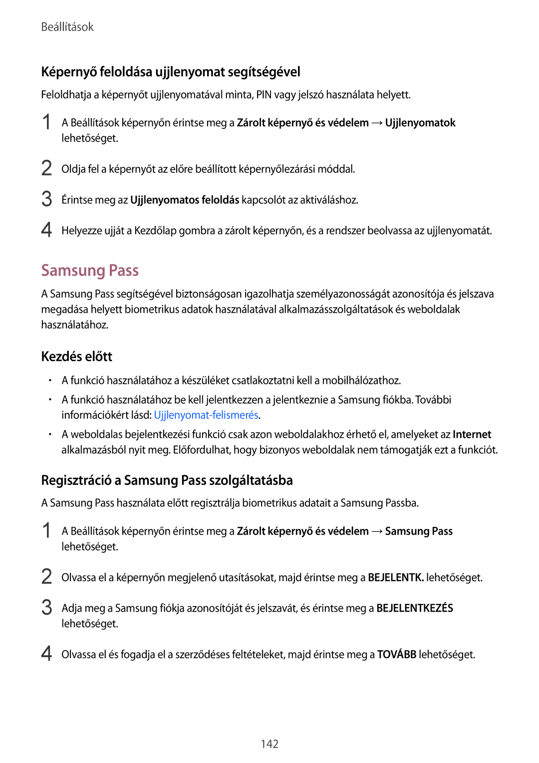 Samsung SM-G920FZKEXEH manual Samsung Pass, Képernyő feloldása ujjlenyomat segítségével 