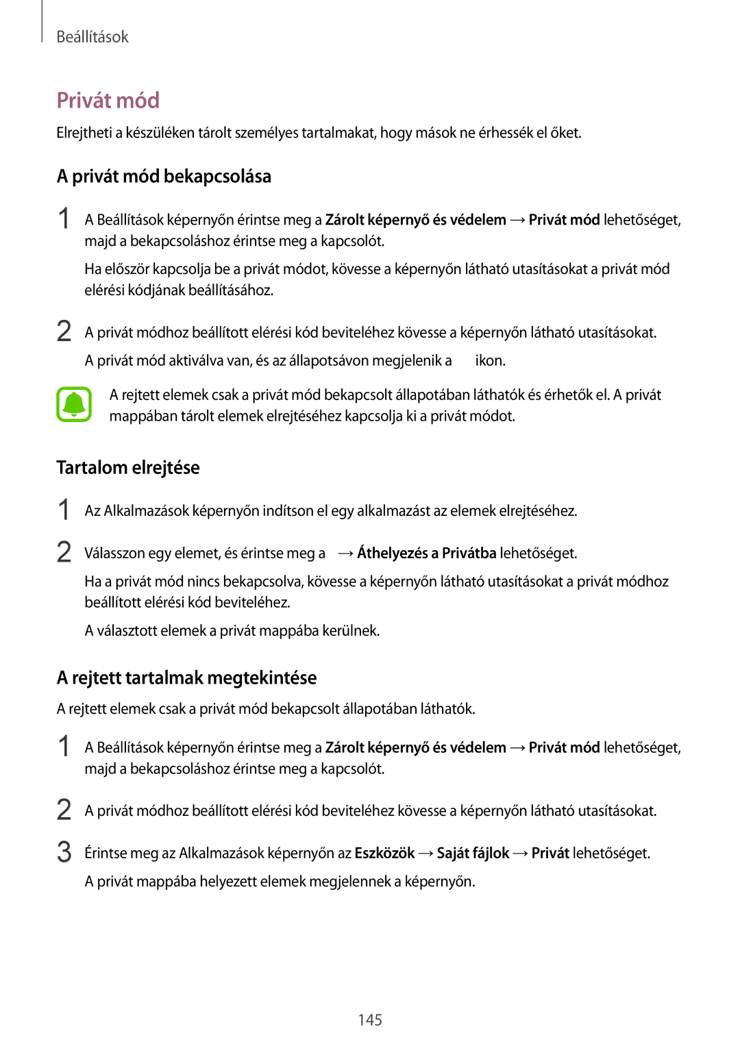 Samsung SM-G920FZKEXEH manual Privát mód bekapcsolása, Tartalom elrejtése, Rejtett tartalmak megtekintése 