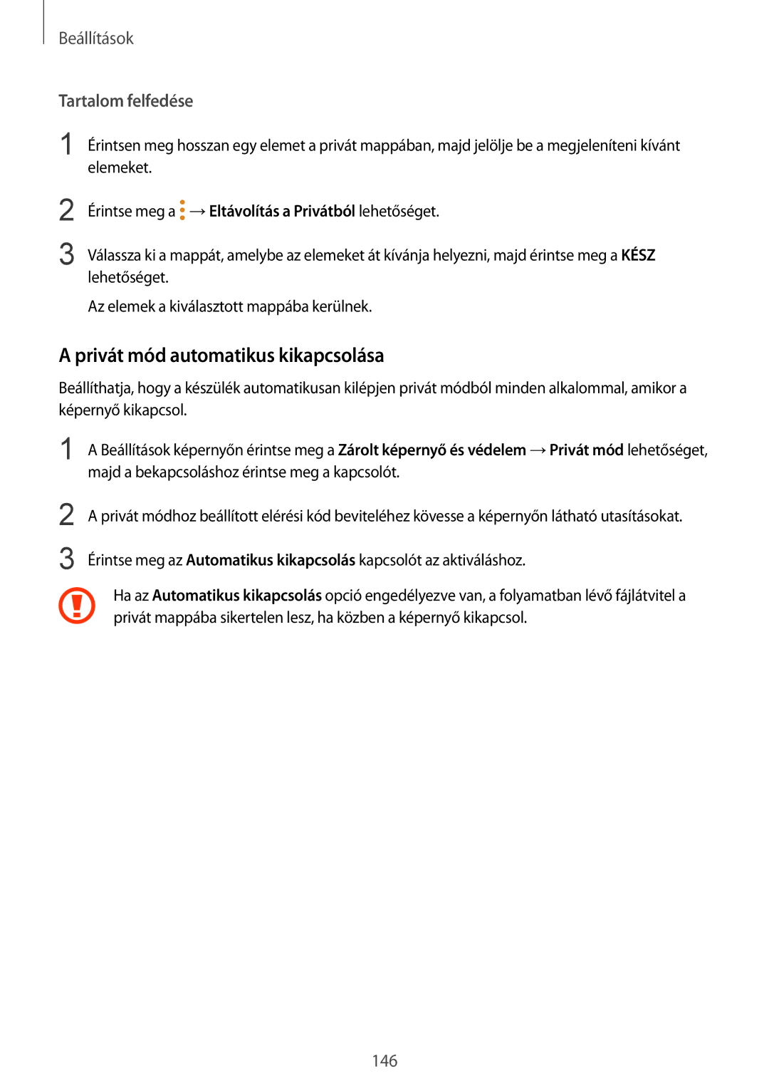 Samsung SM-G920FZKEXEH manual Privát mód automatikus kikapcsolása, Tartalom felfedése 