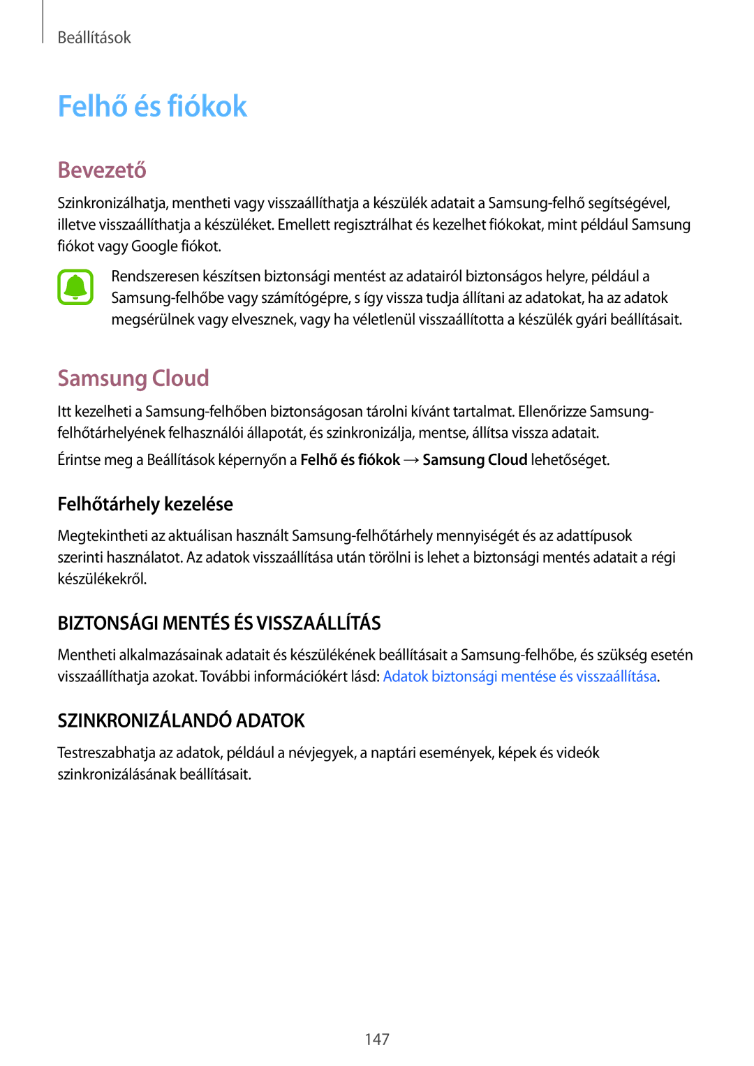 Samsung SM-G920FZKEXEH manual Felhő és fiókok, Samsung Cloud, Felhőtárhely kezelése 
