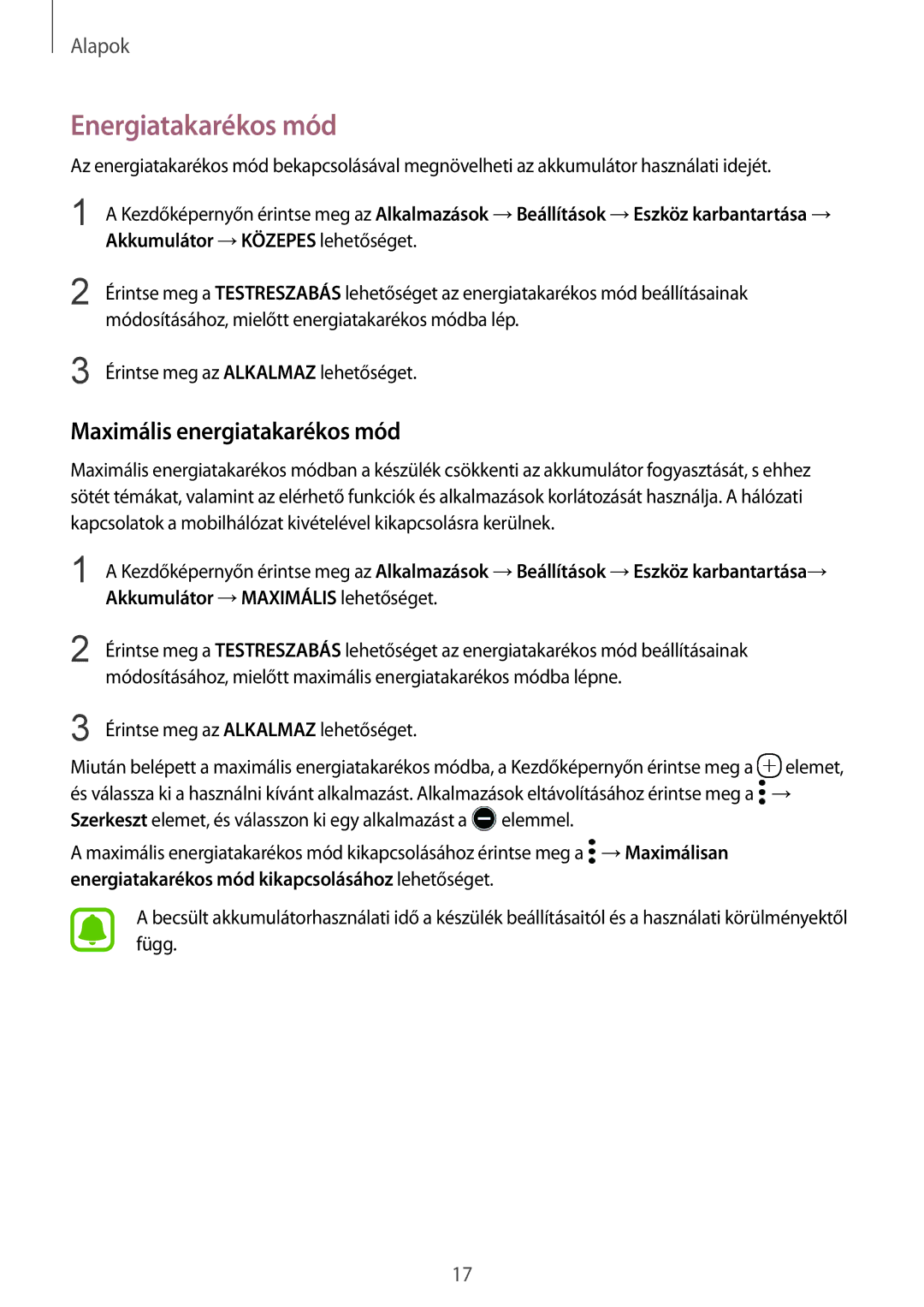 Samsung SM-G920FZKEXEH manual Energiatakarékos mód, Maximális energiatakarékos mód 