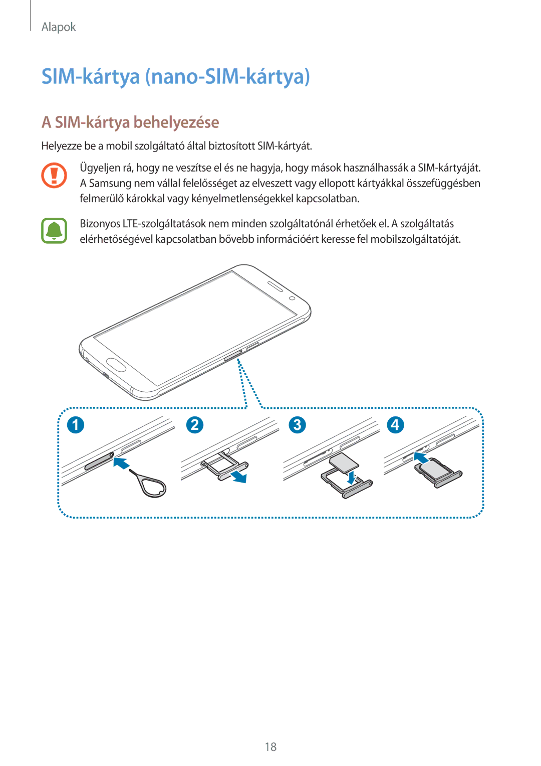 Samsung SM-G920FZKEXEH manual SIM-kártya nano-SIM-kártya, SIM-kártya behelyezése 