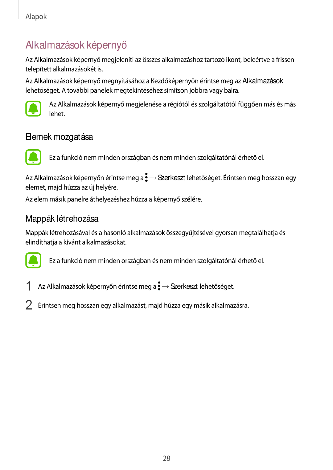 Samsung SM-G920FZKEXEH manual Alkalmazások képernyő 