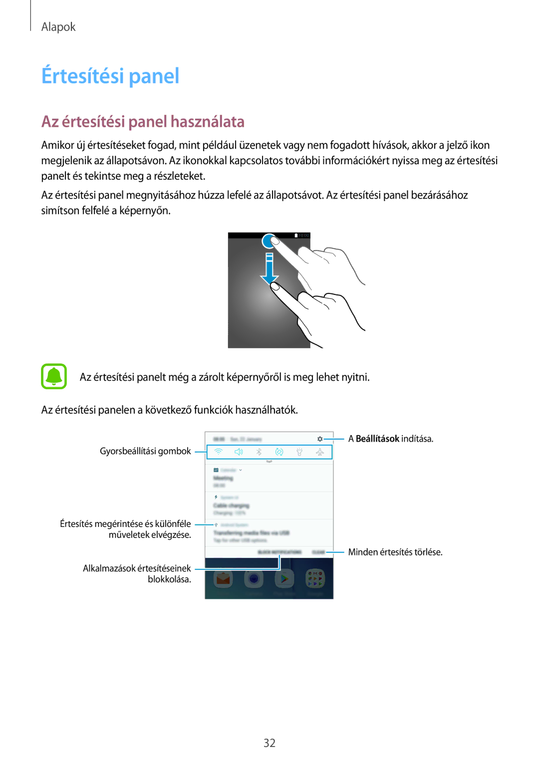 Samsung SM-G920FZKEXEH manual Értesítési panel, Az értesítési panel használata 