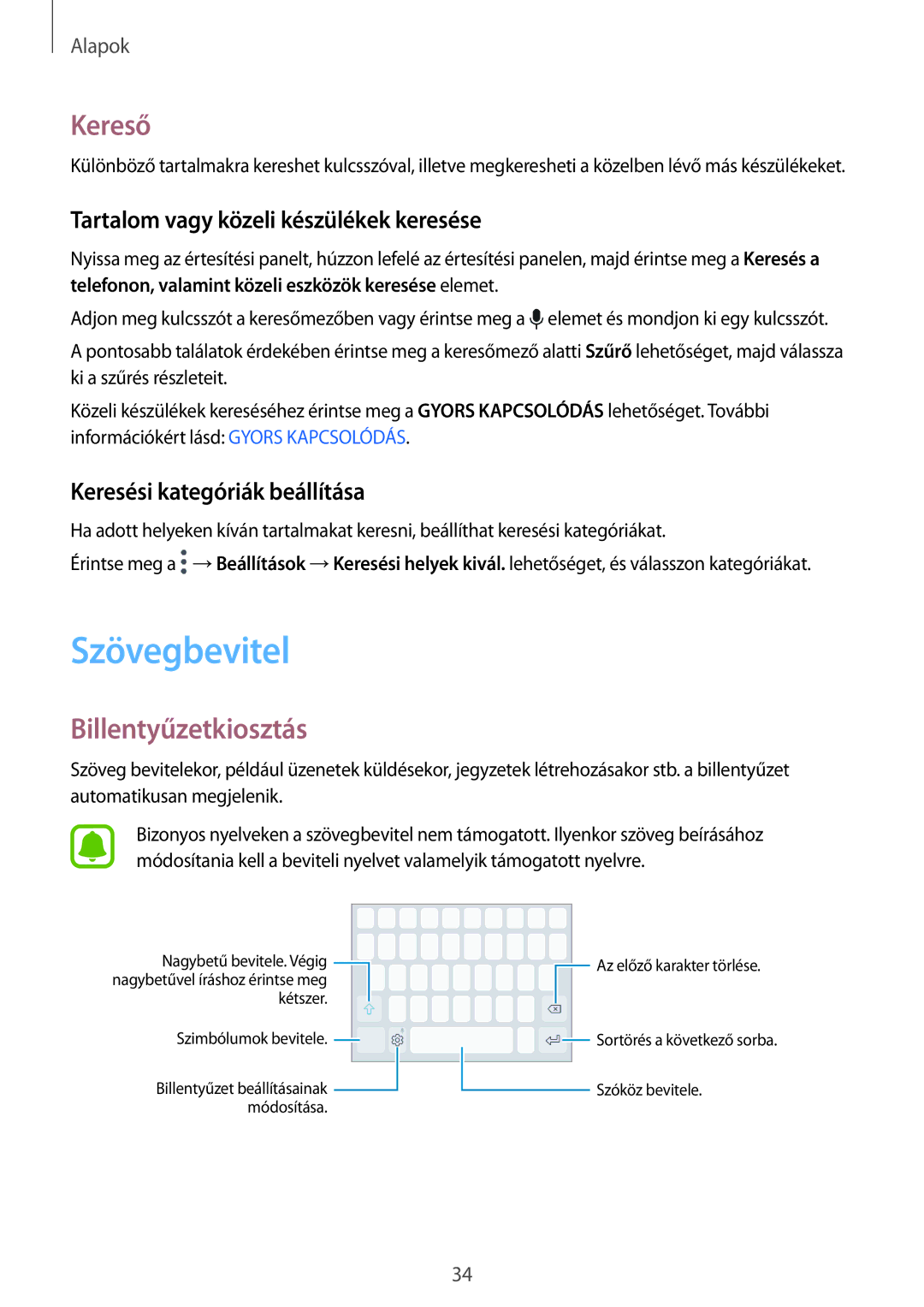 Samsung SM-G920FZKEXEH manual Szövegbevitel, Kereső, Billentyűzetkiosztás, Tartalom vagy közeli készülékek keresése 