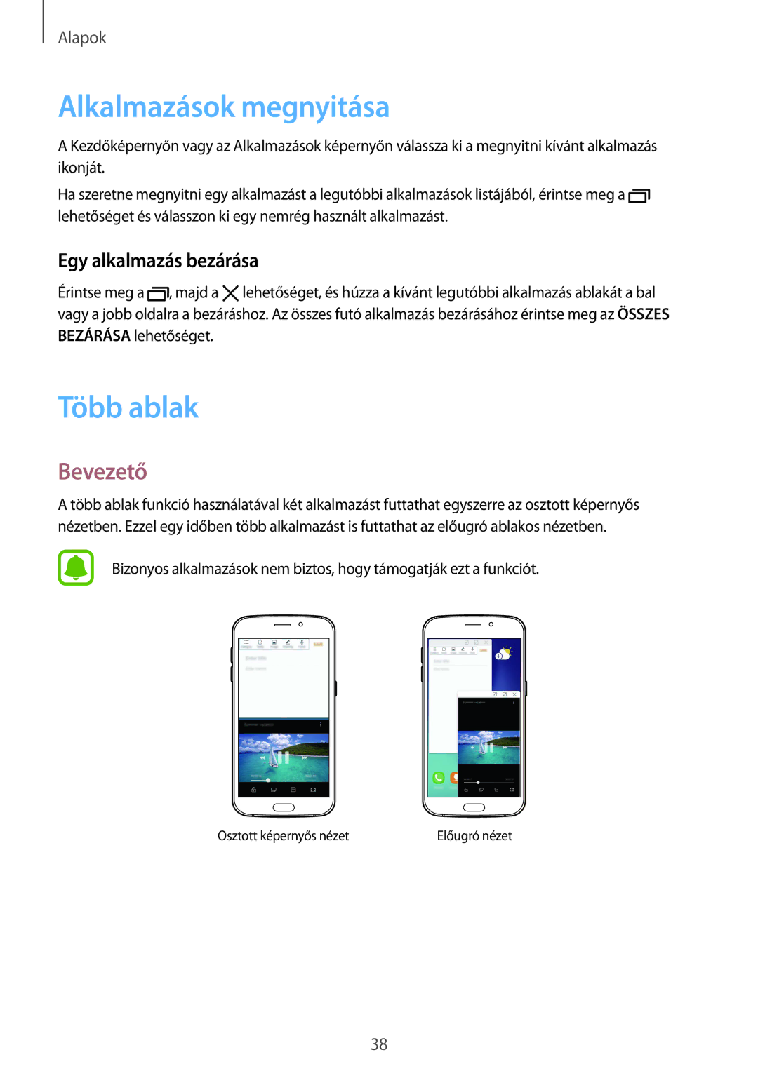 Samsung SM-G920FZKEXEH manual Alkalmazások megnyitása, Több ablak, Bevezető, Egy alkalmazás bezárása 