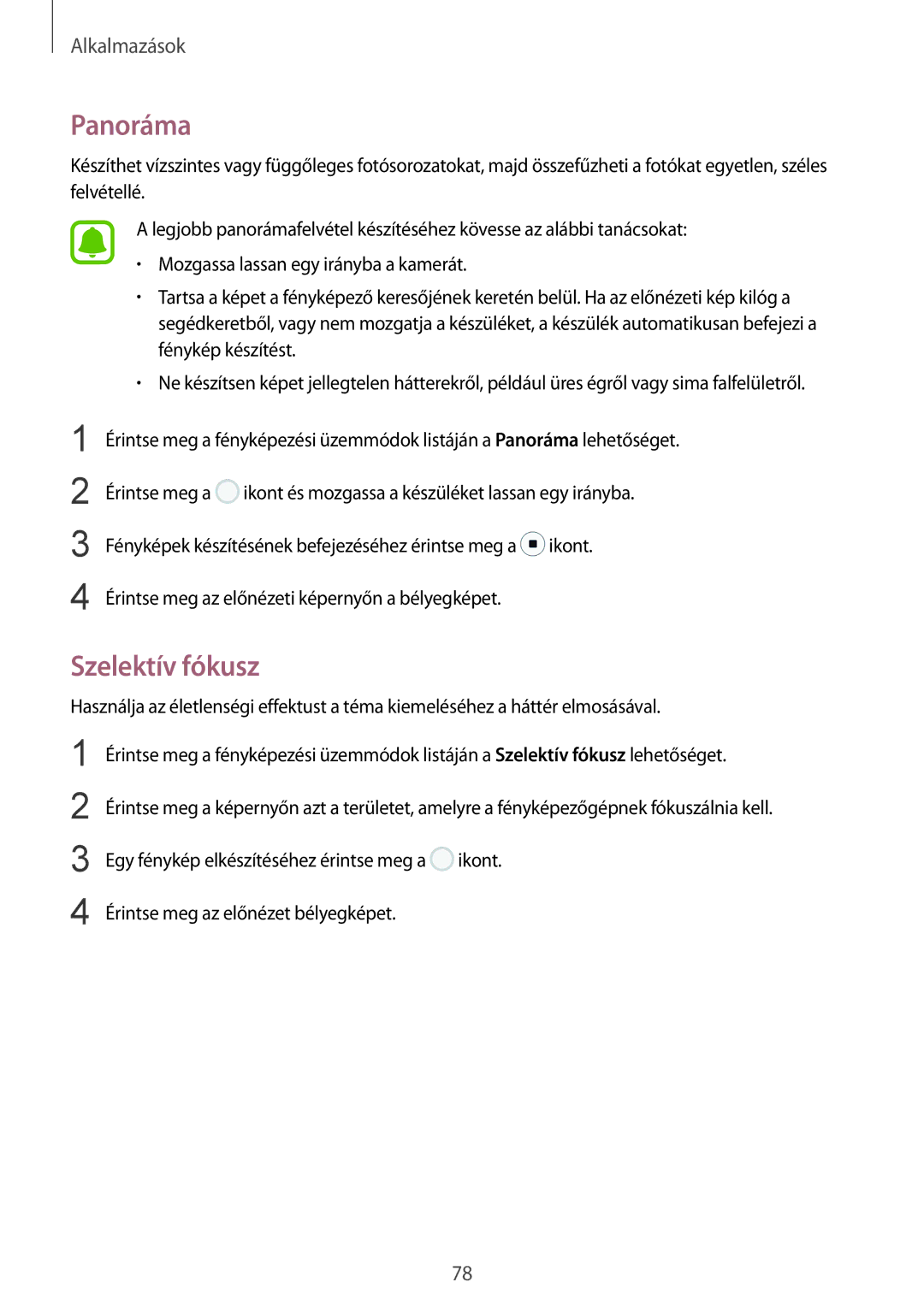 Samsung SM-G920FZKEXEH manual Panoráma, Szelektív fókusz 