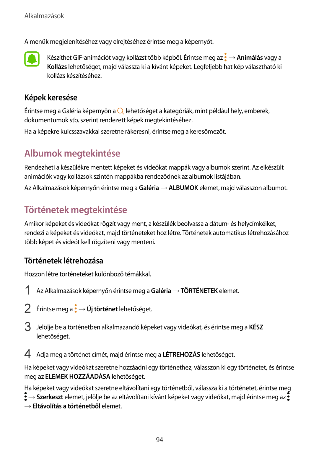 Samsung SM-G920FZKEXEH manual Albumok megtekintése, Történetek megtekintése, Képek keresése, Történetek létrehozása 